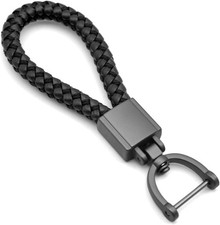 Universal Black Leather Car Fob Keychain Metal Keyring Woven Strap Braided