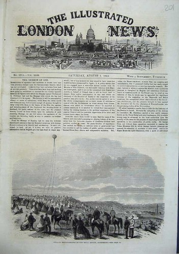 Original Old Antique Print 1863 Balloon Reconnaissance Royal Review Aldershot