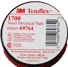 3M Temflex 1700 Vinyl Electrical Tape 3/4"X60FTX.007" Flame Retardant