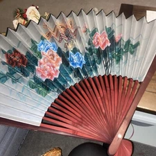 Large Vintage Asian Floral Hand Painted Decorative Art Fan 27”x45”