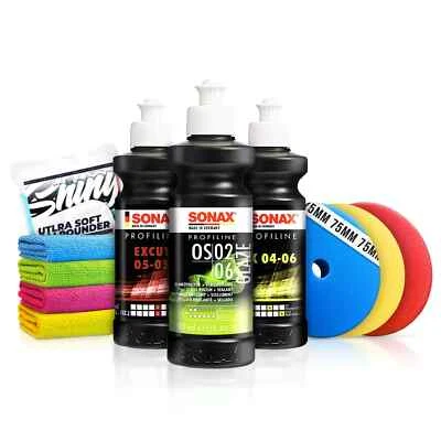 SHINY FREAKS Sonax Set Lucidante Auto ExCut 05-05 Ex 04-06 OS 02-06 250ml Tamponi Lucidanti 75mm 10pz