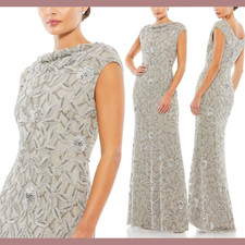 NWT $598 Mac Duggal [ 6 ] Cowl Neckline Floral Embellished Gown in Grey #Q604