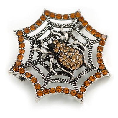 Vintage inspirierte Bernsteinkristall Spinne und Netzbrosche in gealtertem Silberton - 40 mm