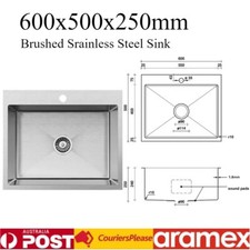 Brushed Stainless Steel Kitchen Sink Laundry Sink with Tap Hole 600x500x250mm