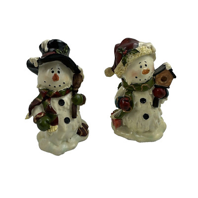 2 X Snowman Holding Birdhouse & Broomstick Melting Effect Christmas Snow VTG