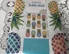 Summer Vinyl/PEVA Polyester Back Tablecloth 52x90 Oblong PINEAPPLES New