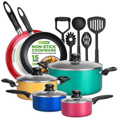 NutriChef 15-Piece Non Stick Kitchen Cookware Set PFOA/PFOS-Free, Colorful He...