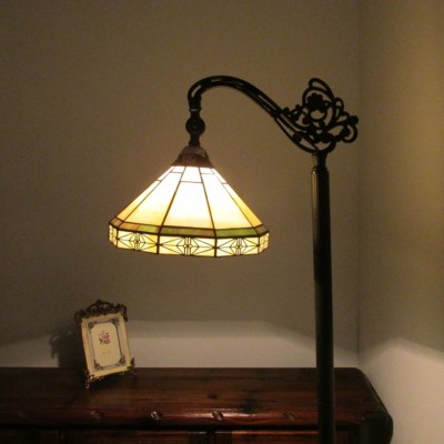 Stained Glass Floor Lamp Shade Green & Beige Tiffany Style Arts & Crafts Mission