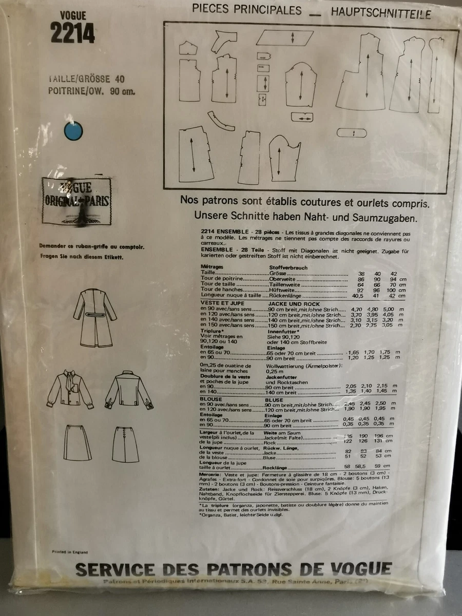 2214 PATRON VOGUE DE COLECCIÓN PATRÓN FRANCÉS 1969 PIERRE CARDIN PARIS 38 AU 42