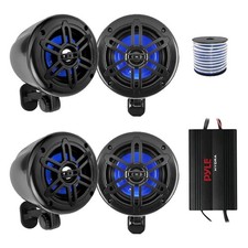 4x Pyle 4" 150 Watt Marine Off-Road Black Audio Speakers w/Amplifier, Wire