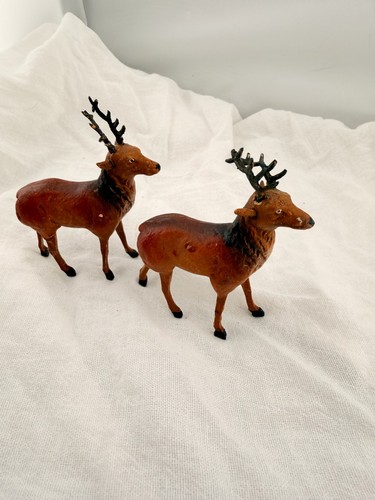 Pair of Antique German Lead Deer Figurines - Hand-Painted Putz Village Animals