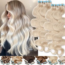 Wavy Tape In Human Hair Extensions Tape On Skin Weft Full Head Blonde Thick 100g