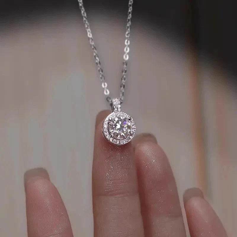 US Simple 925 Sterling Silver Round Moissanite Necklace for Women Jewelry Gift - product detail image 1