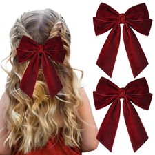 2 PCS Red Velvet Hair Bow Ribbon Clips Fall Alligator Girls Accessories