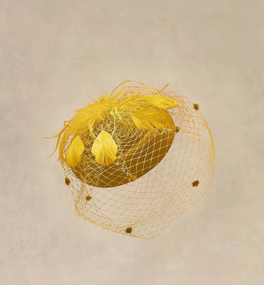 Pastillero Dorado Fascinador Mujeres Sombrero Boda Fiesta del Té Pluma Velo Diadema Clip Foto 4 de 4