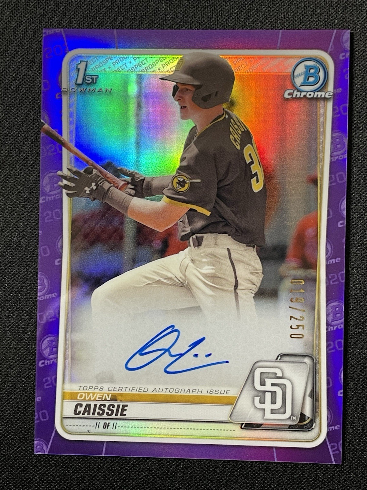 2020 Bowman Chrome Owen Caissie Auto Purple Refractor /250 1st Chrome - Marlins
