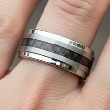 Men's 9mm Tungsten Wedding Band Brushed Silver Black Carbon Fiber Inlay Ring