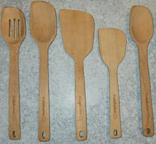 Calphalon 5pc Set Wood Kitchen Cooking Utensils Lot Slotted Spoon Turners Wooden