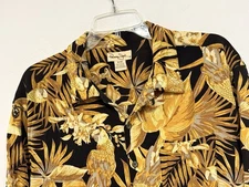 Panama Jack Mens Hawaiian Shirt Size XL Black Gold Floral Leafy Beer Woven Rayon