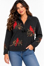 Tiara International Black Christmas Cardinal Sequin Embroidered Zip Cardigan XL