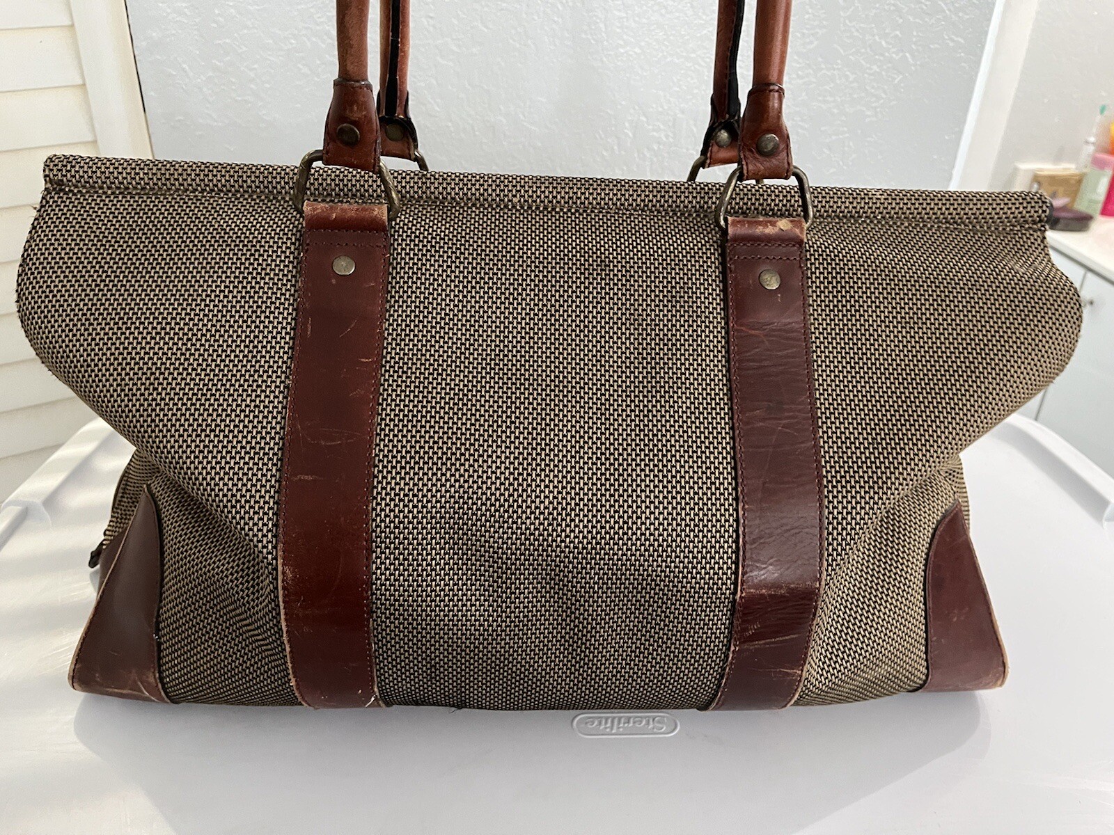 LL BEAN Travel Bag Beige With Brown Leather Trim eBay