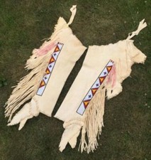 Men's Old American Style Beige Buckskin Suede Leather Wool Beaded Legging BLG117