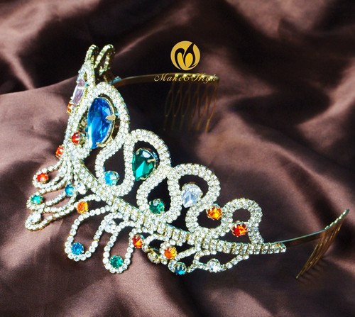 Impressive Tiara w/ Hair Combs Multi-color Crystals Wedding Bridal Pageant Prom - Picture 6 of 7
