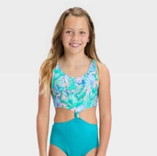 Girls’ Floral Printed Tropical Twist Swimsuit - Art Class - Light Blue XS (4/5)