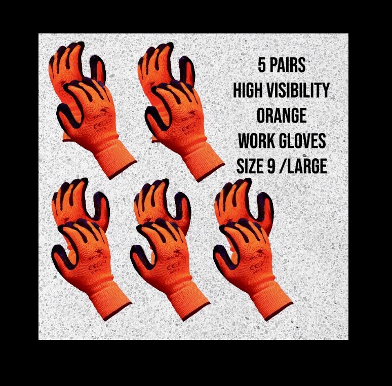 5 Pairs Galile High Visibility ORANGE Latex Coated Work Gloves