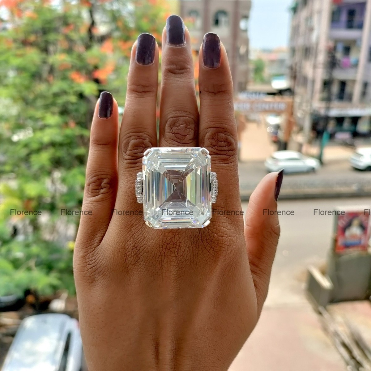 80.35TCW Large Emerald Cut Simulated White Sapphire Woman's Ring