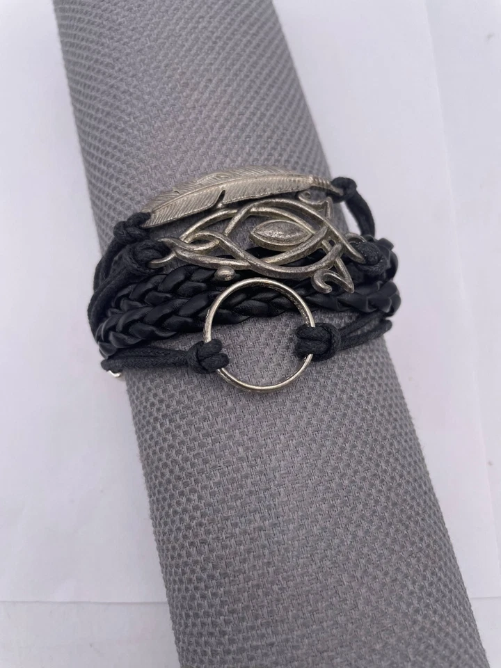 AB Ashley Bridget Braided Leather Cord Feather Ring Chain Bracelet - Image 2 of 4