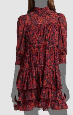 $395 Cinq A Sept Women's Red Lilies Tiered Ruffle Chiffon Minidress Size 8