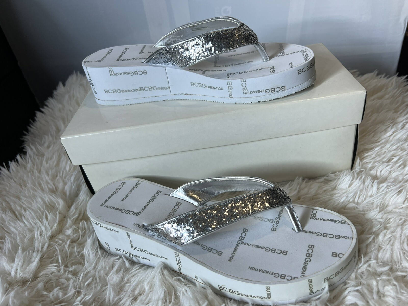 Silver Sequin Platform Flip Flops Chunky Glam Y2K… - image 2