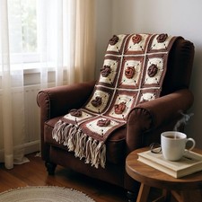 Vtg Artisan Crochet Afghan 3D Rose Granny Square 74x45 Brown Throw Blanket Bed