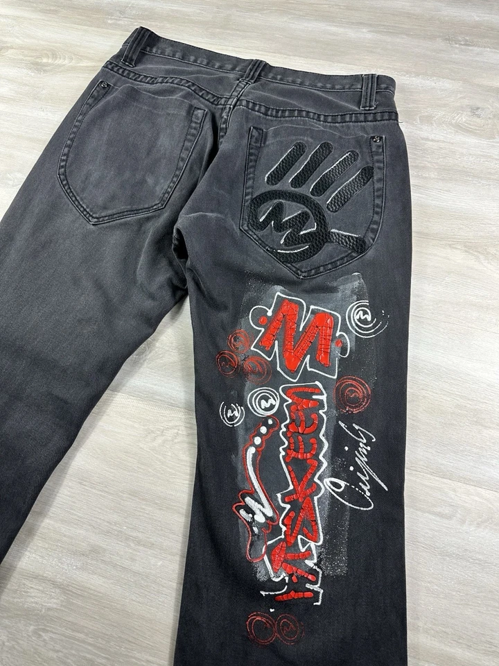 Jeans holgados vintage Miskeen graffiti talla 34x30 negros patinador Y2K grunge hip hop Foto 3 de 4