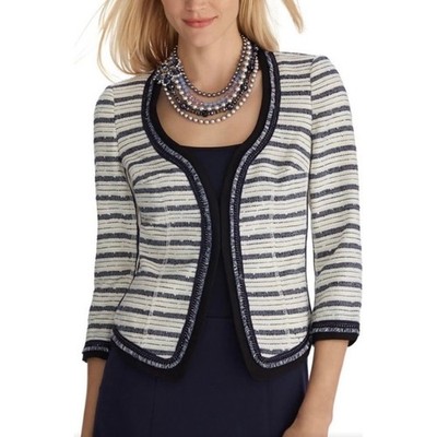 White House Black Market Striped Tweed Fringe Trim Jacket Navy 3/4 Sleeve size 2