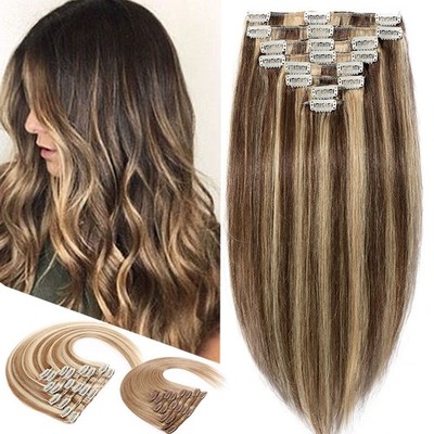 CLEARANCE Clip In Remy Human Hair Extensions Real Hair Piece Full Head Highlight