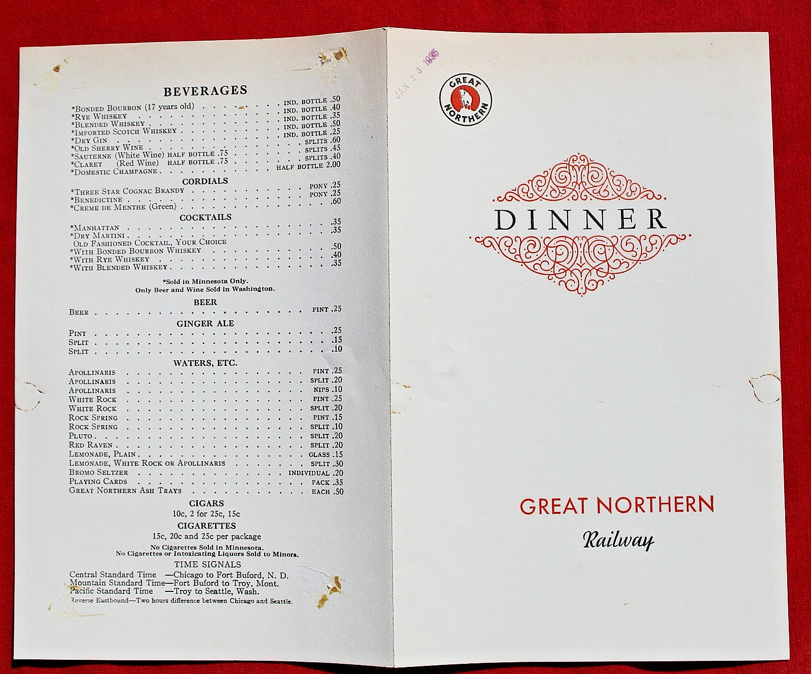 1935 Great Northern Railway Dinner Menu North West Pacific Railroad Train Dining