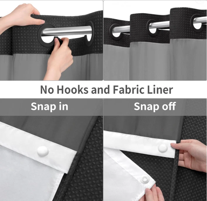 Cortina de Ducha sin Ganchos con Forro Extraíble Tipo Waffle Negro 75x72, Novo - Imagem 2 de 4