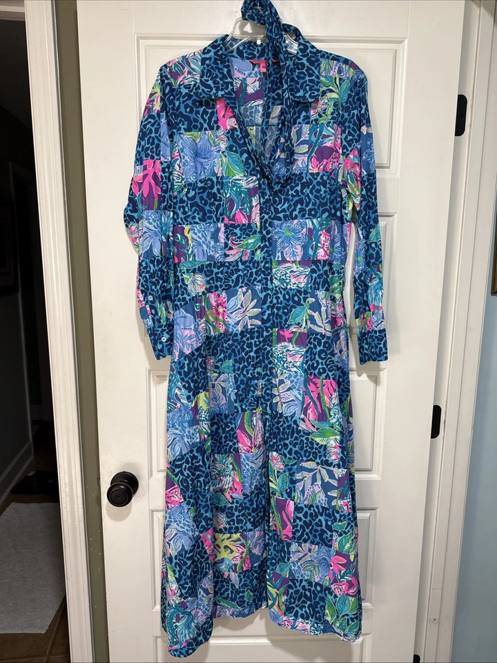 $448 Lilly Pulitzer MIRA MIDI 衬衫连衣裙多弹出 Lillys 派对布贴 16 码 — 第 4/4 张图片