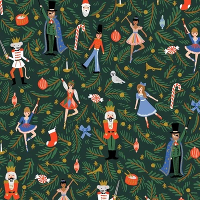 RIFLE PAPER COMPANY COTTON + STEEL RIFLE PAPER Holiday Classics NUTCRACKER in Evergreen Metallic Fabric