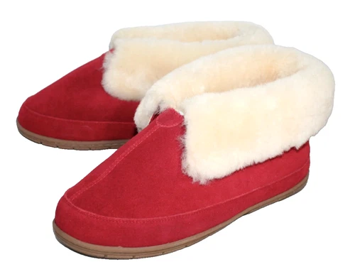 VERMONT COUNTRY STORE Australian Shearling Cuffed Bootie Slippers Size 11 Red