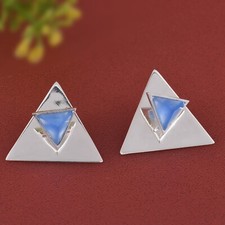 925 Sterling Silver Two Way Stud Triangle Earring With Blue Chalcedony Jewelry