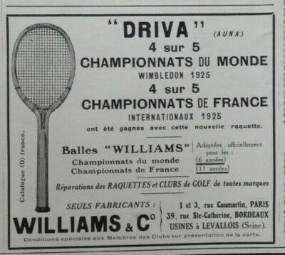 PRESSEWERBUNG 1926 SCHLÄGER DRIVA VON WILLIAMS CHAMPION WINBLEDON 1925