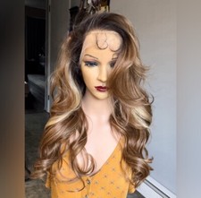 Daily WIG Long wavy Dark Roots light Ash Brown Human hair Blend, Lace Front