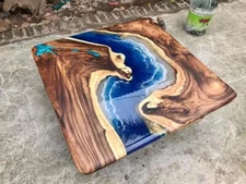 Made to Order Blue Resin Epoxy Ocean Wave Coffee Table Top Luxury Home Furniture