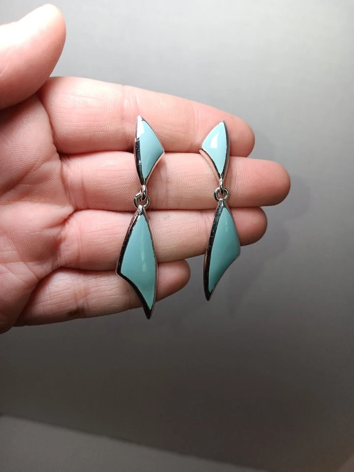 Boho vintage MCM Drop Earrings Turquoise And Silver Enamel - Image 2 of 3