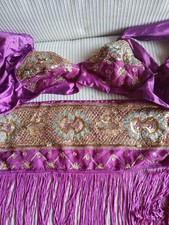 Magenta/Turquoise/Gold Belly Dance Bra/Sleeves and Tie Fringed Belt Stunning