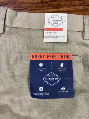 St.Johns Bay Mens Worry Free Chino Classic Flat Front Khaki Pants 32 x 34 NWT F1 - Picture 3 of 6