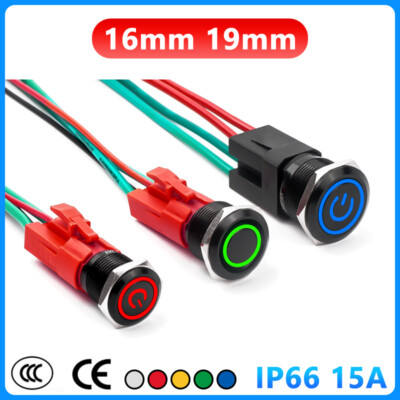 16/19mm LED On/Off Push Button Switch Momentary Latching Waterproof Metal 15A